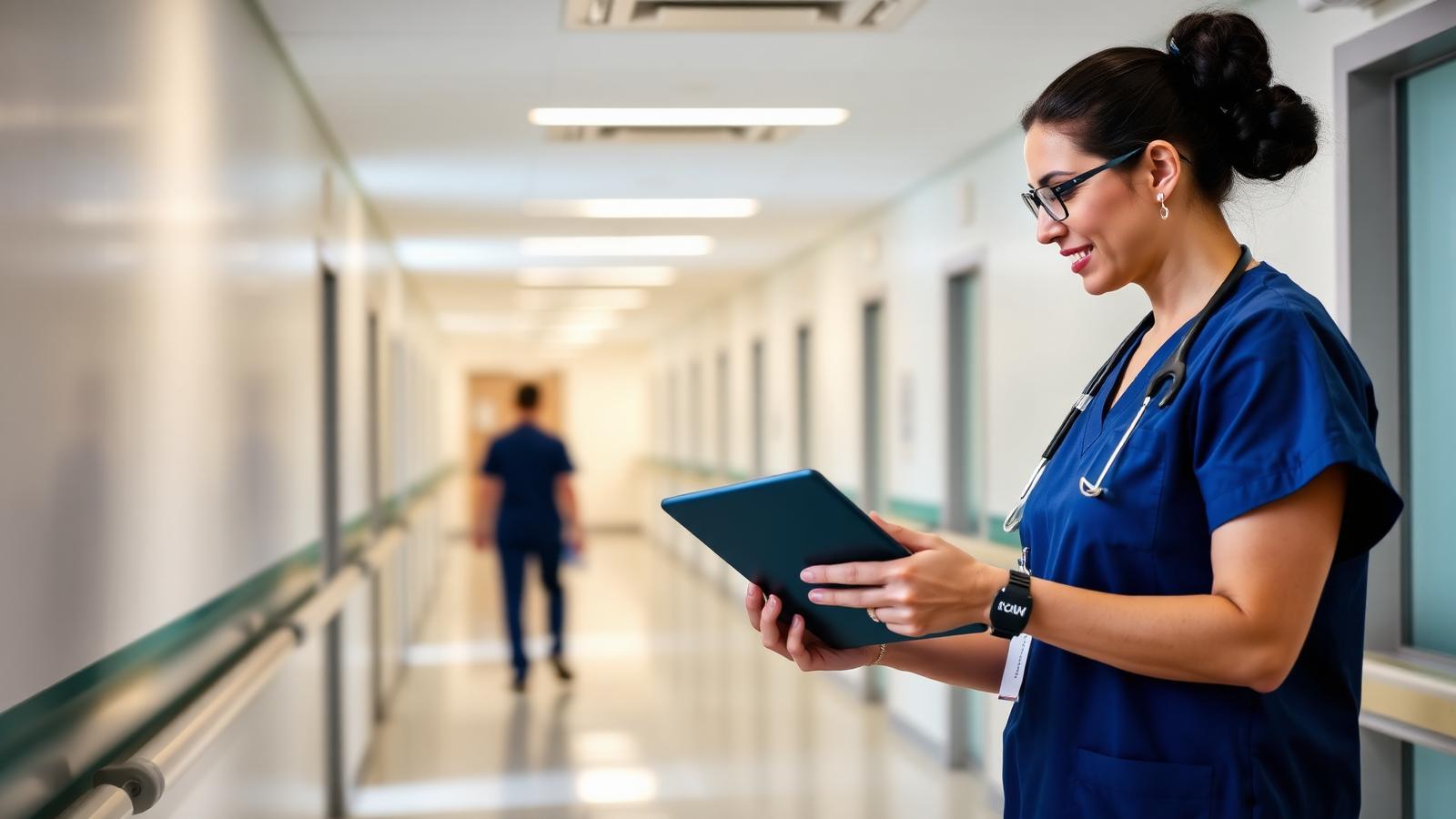 Clinical manager reviewing staffing on a tablet in a hospital corridor